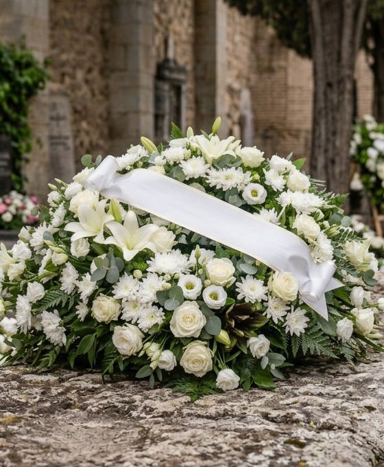 Pièce de deuil blanche en lys et roses posée sur une sépulture