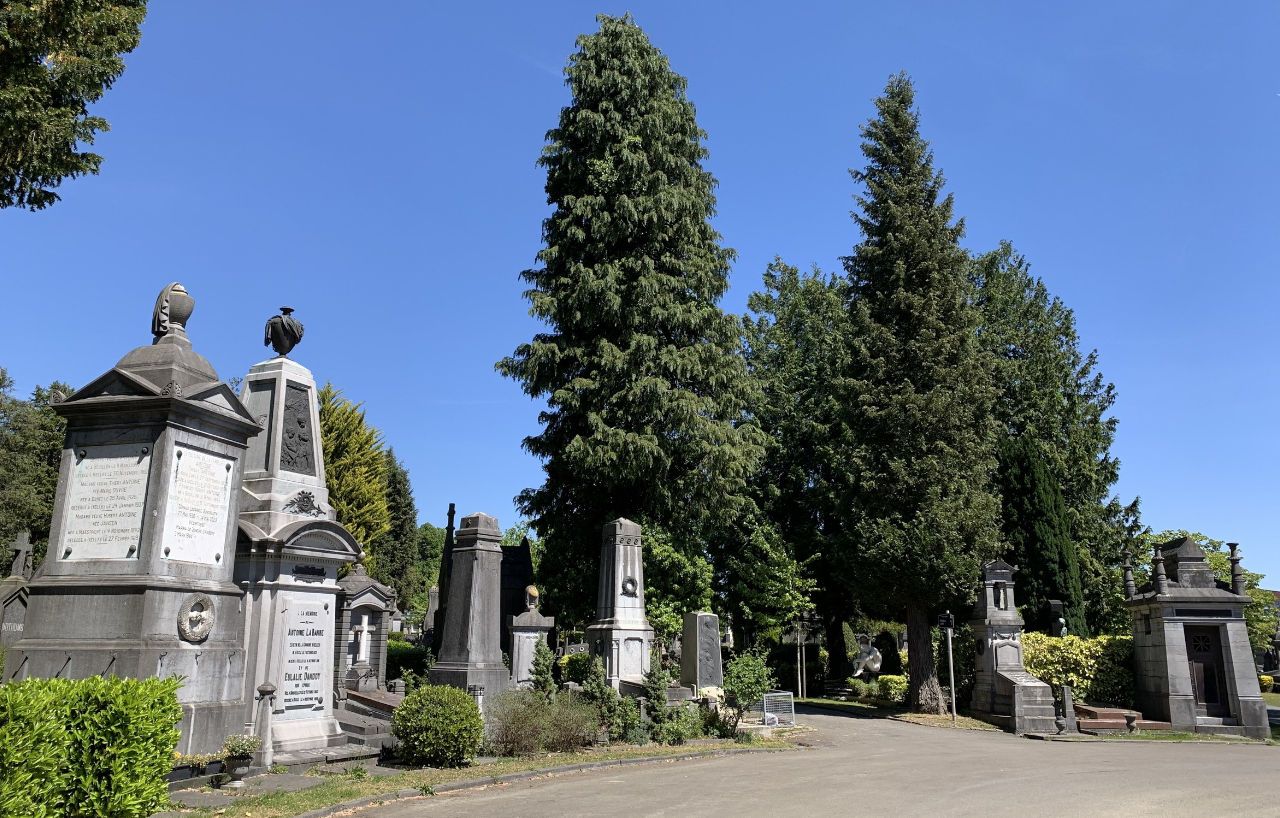Allée du cimetière d'Ixelles, bordée de chapelles et de monuments anciens.