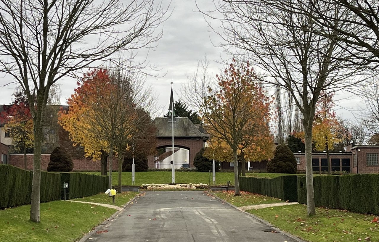 Allée centrale du cimetière de Berchem-Sainte-Agathe, bordée d'arbres.