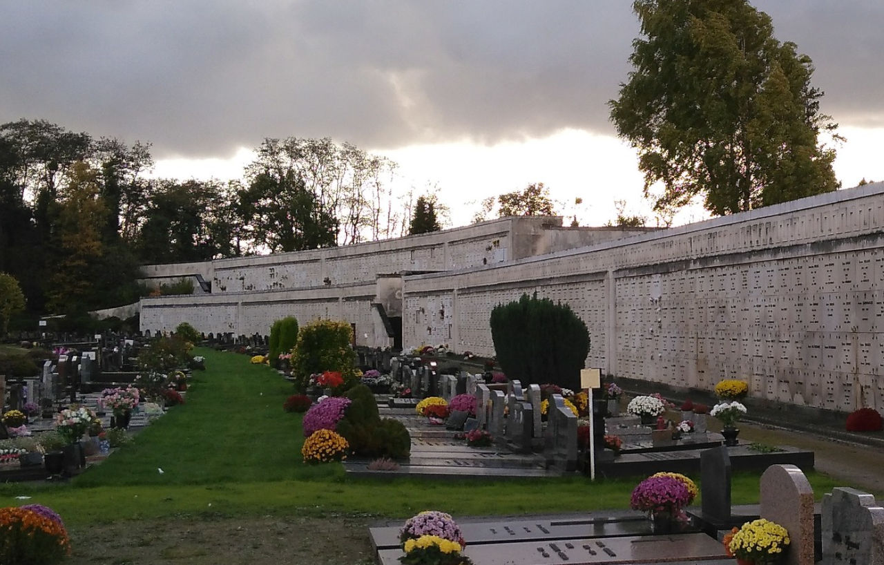 Mur de columbarium du cimetière de Saint-Gilles, avec des fleurs déposées au pied.