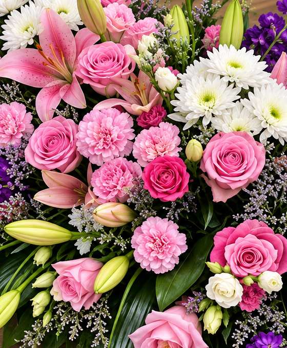 Gros plan : pièce allongée en lys roses et lilas Gros plan sur les fleurs : pièce allongée en lys roses et lilas, avec roses et statice violet