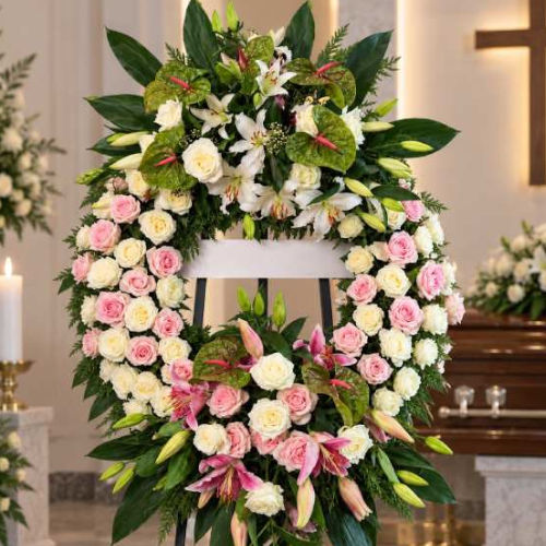 Deux couronnes mortuaires sur trépied, en roses roses et blanches avec lys et anthuriums, dans une chapelle