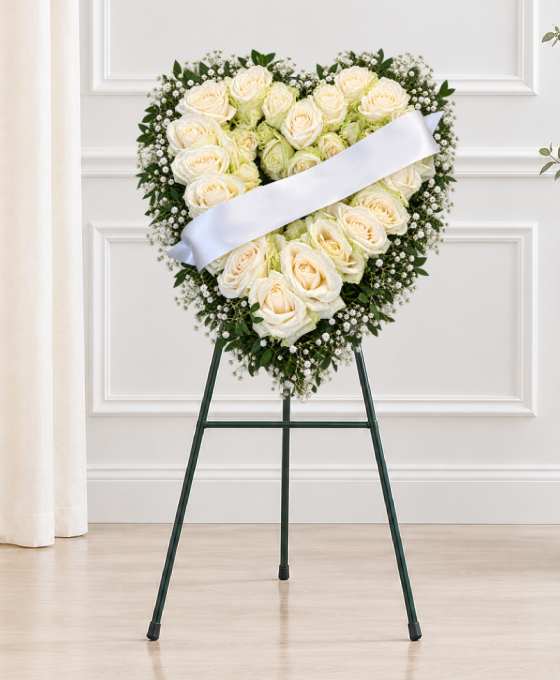 Coeur de fleurs plein en roses crème, bordé de gypsophile avec un ruban blanc