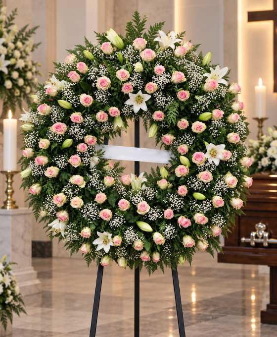 Couronne sur trépied en roses roses et crème, dans la chapelle Couronne sur trépied en roses roses et crème, avec lys blancs et gypsophile, dressée dans la chapelle, devant le cercueil