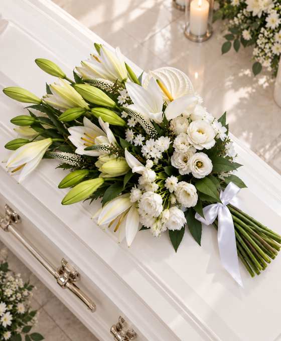 Gerbe funéraire blanche en lys, anthurium et lisianthus posée sur un cercueil clair