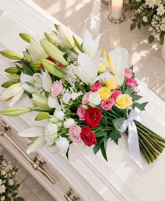 Gerbe funéraire multicolore en lys blancs et roses jaunes roses et rouges posée sur un cercueil clair