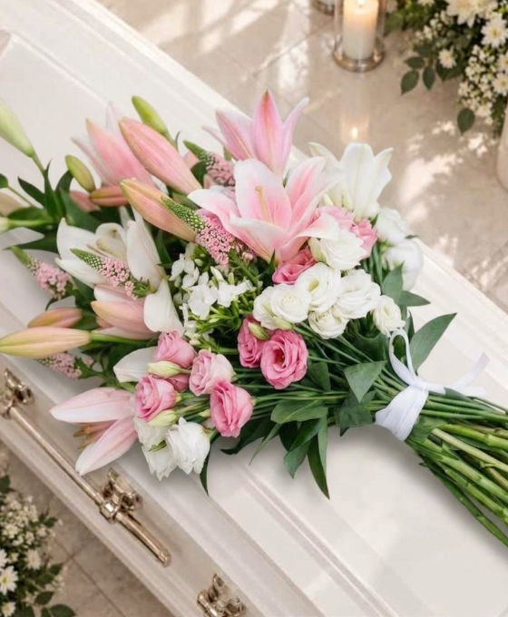 Gerbe funéraire rose en lys, lisianthus et véronique posée sur un cercueil clair